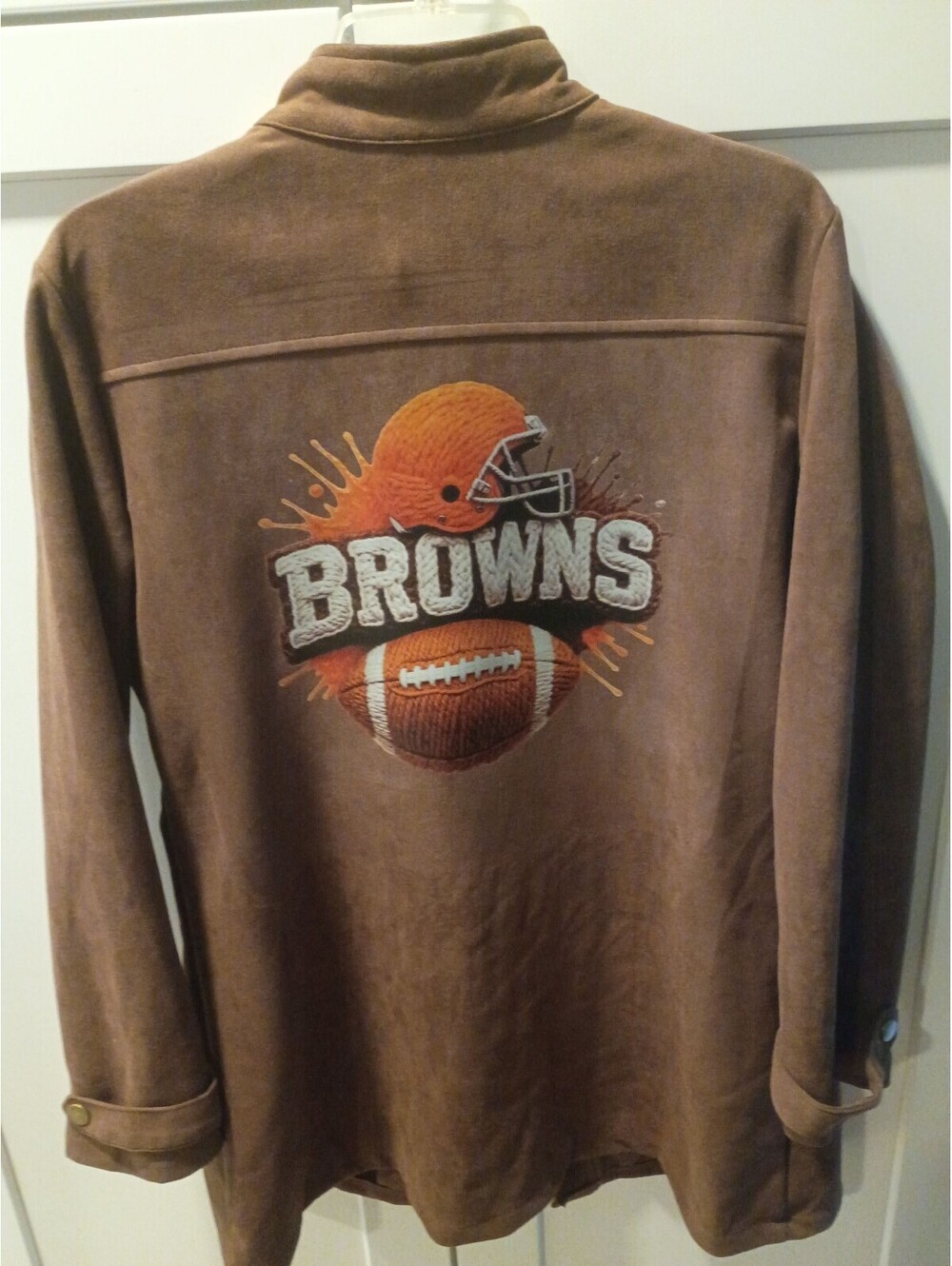 Custom Brown Suede-Like Cleveland Browns Jacket with Snap Buttons and Zipper L